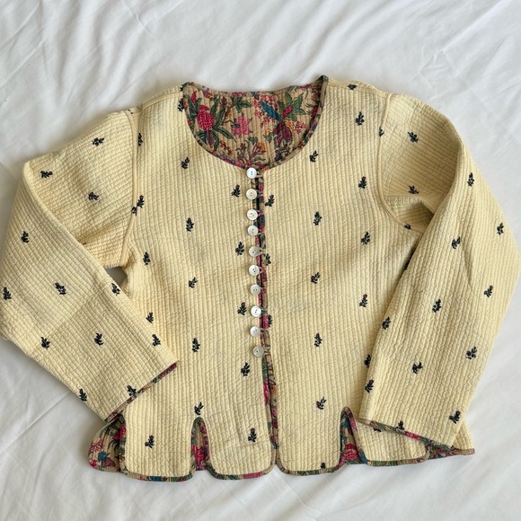 Vintage Reversible Quilted Floral Jacket Cream Cotton Cottagecore Boho Handmade - Picture 6 of 13